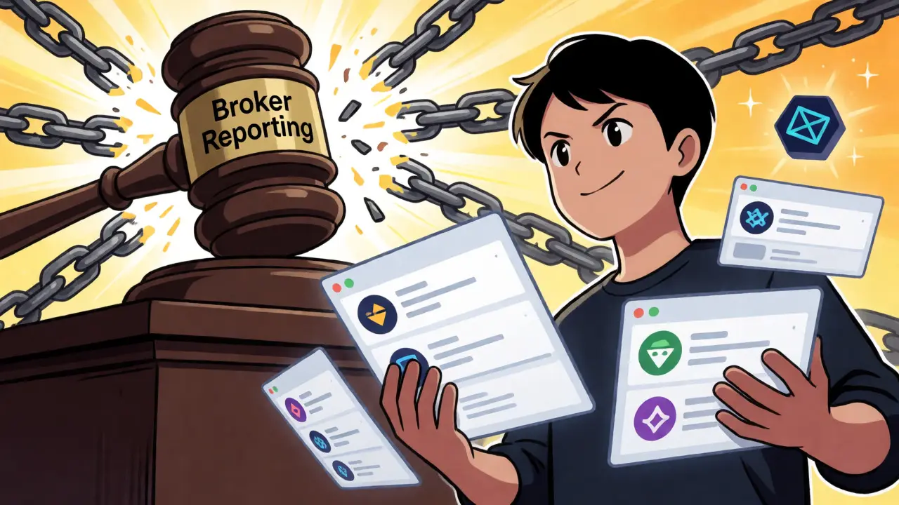 Usuario de DeFi rompiendo cadenas de reporte de brokers con martillo legal en ilustración anime.