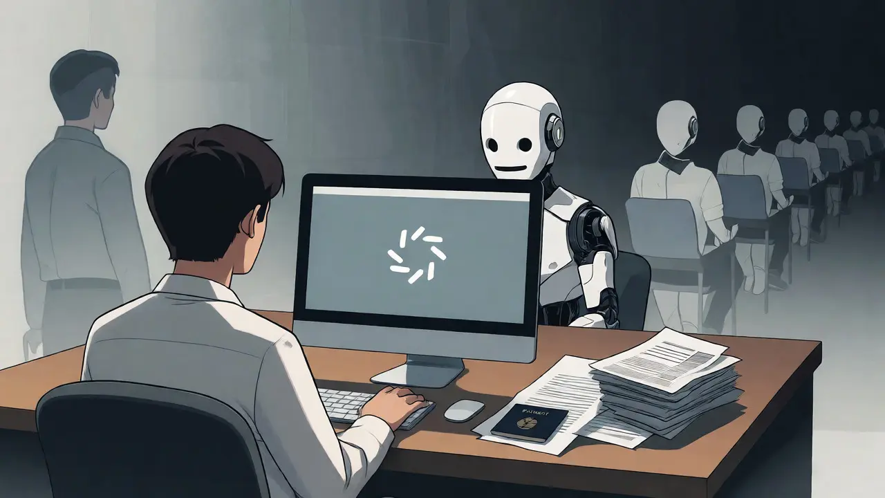Usuario esperando respuestas automatizadas y bloqueos KYC en un entorno gris y estancado.