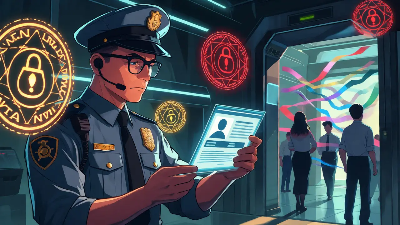 Agente FinCEN revisando perfiles digitales y protocolos de seguridad en un entorno anime.