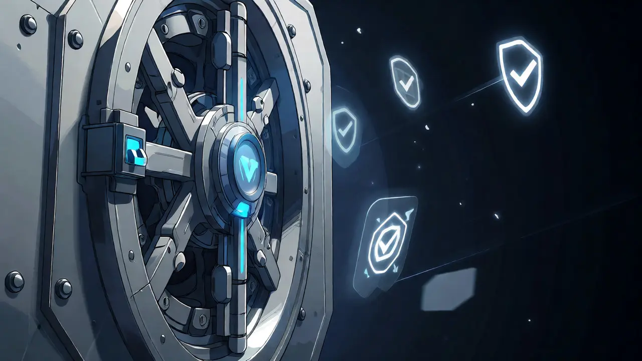 Estilo anime de una bóveda digital segura con candados brillantes representando el almacenamiento en frío.