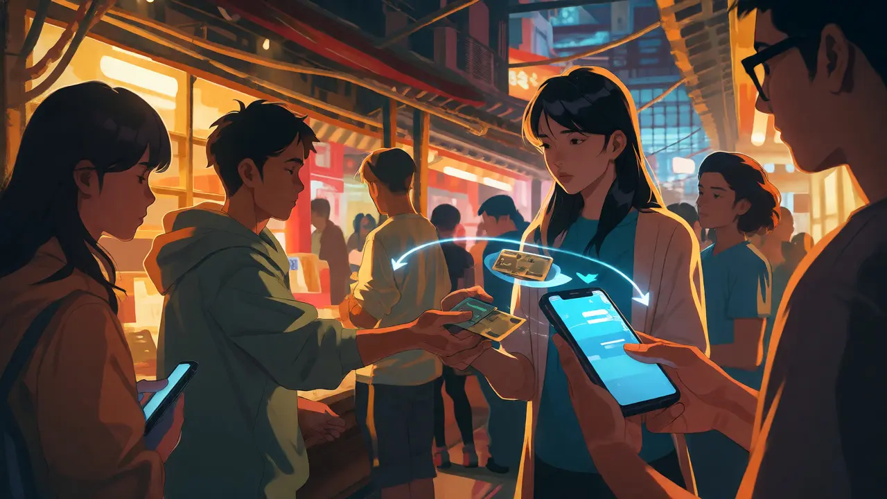 Intercambio P2P nocturno con tecnología y efectivo en estilo anime.
