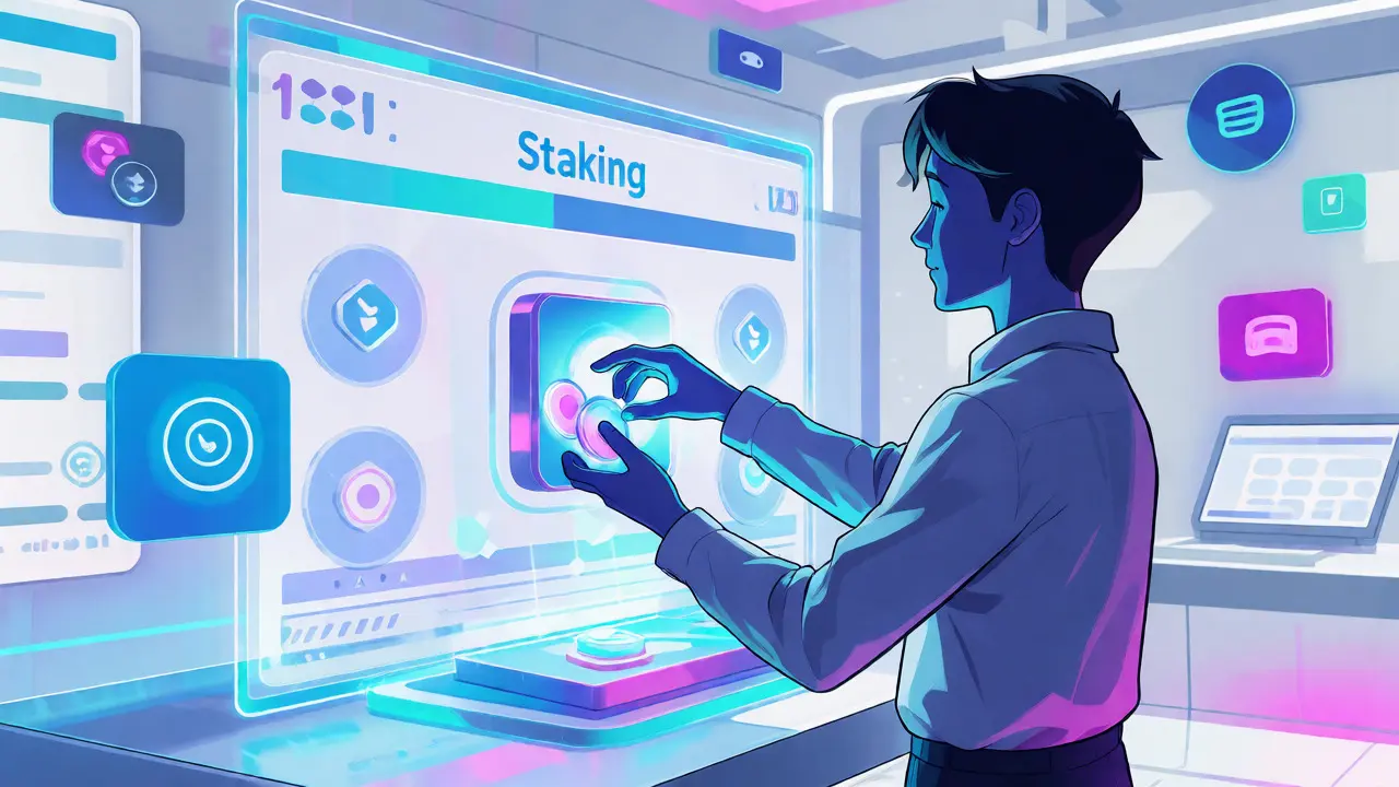 Inversor anime realizando staking de tokens en una plataforma IDO descentralizada.