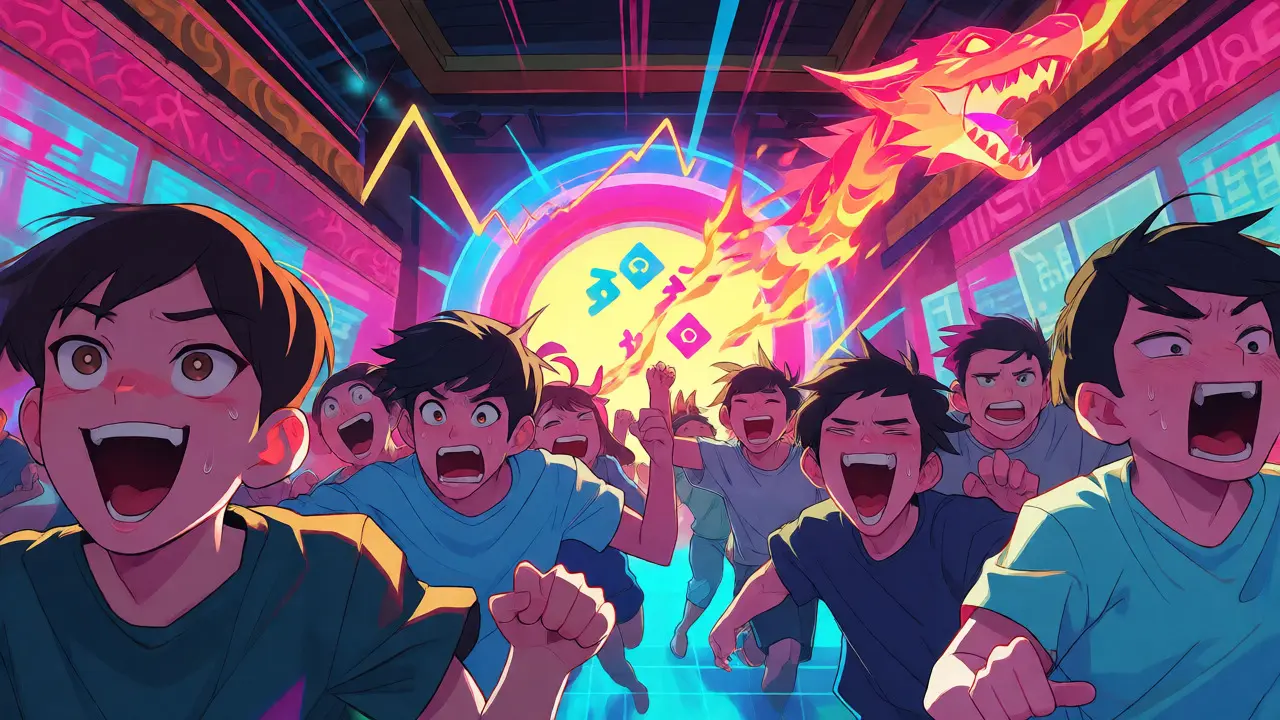 Multitud de traders anime corriendo hacia un nuevo listado cripto impulsados por el FOMO.