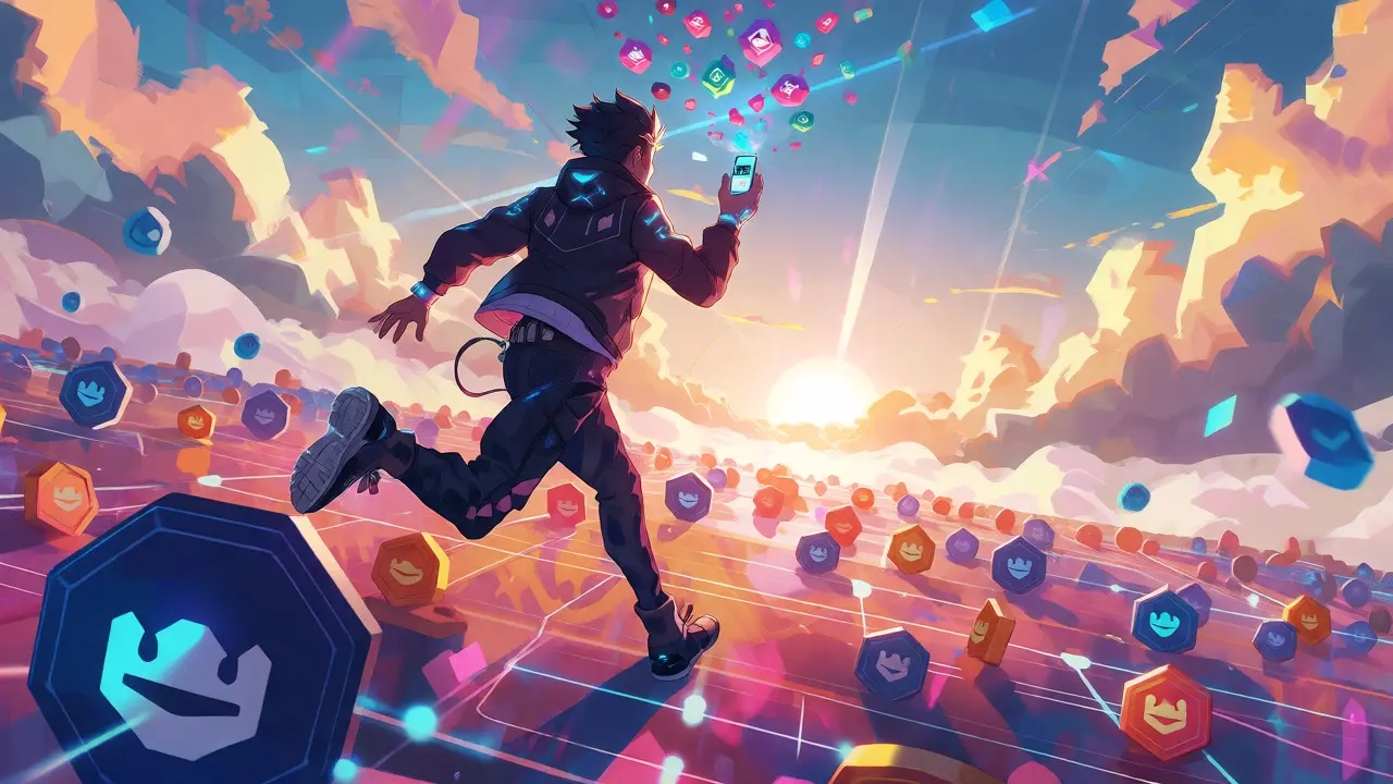 Personaje corriendo libremente en un paisaje digital de nodos blockchain con tokens brillantes.