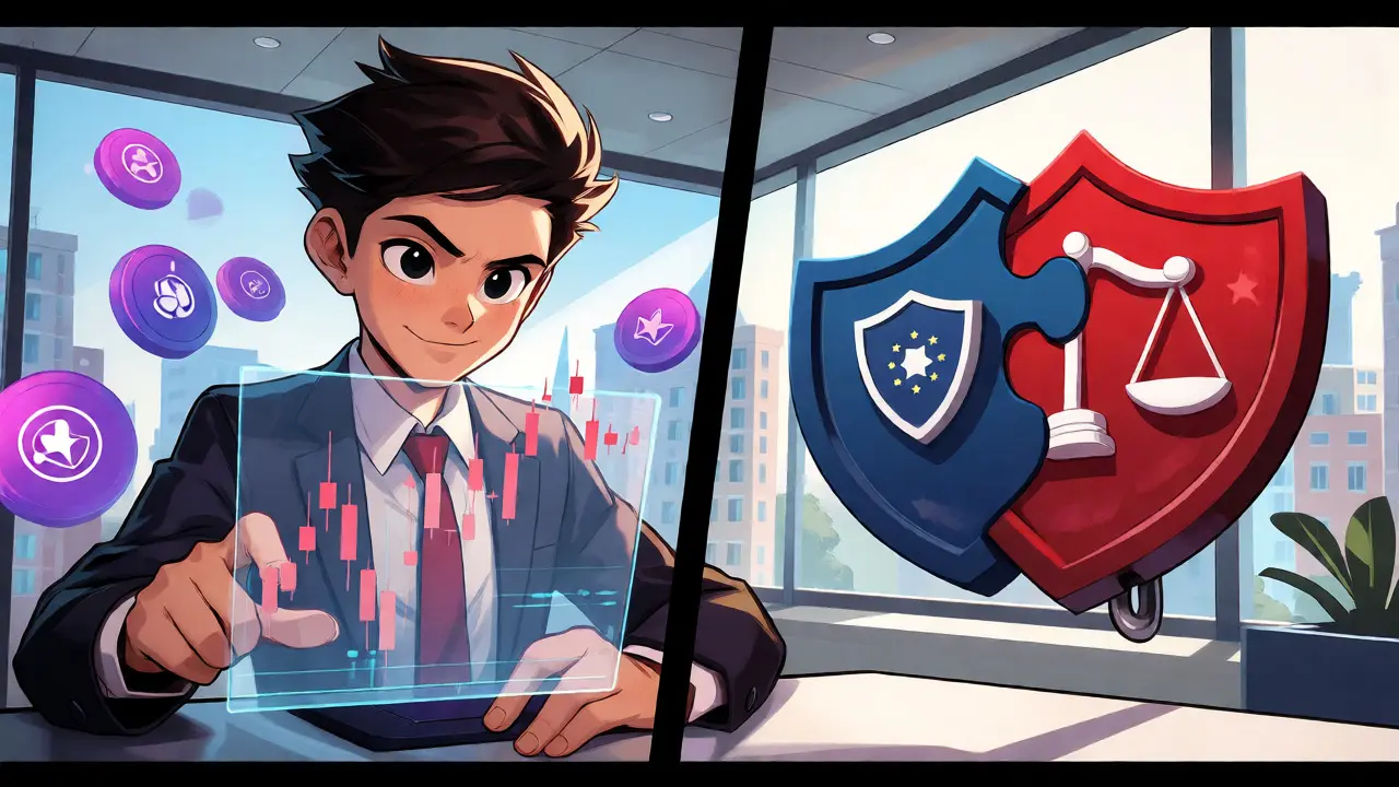 Trader analizando gráficos con sellos regulatorios flotantes en anime