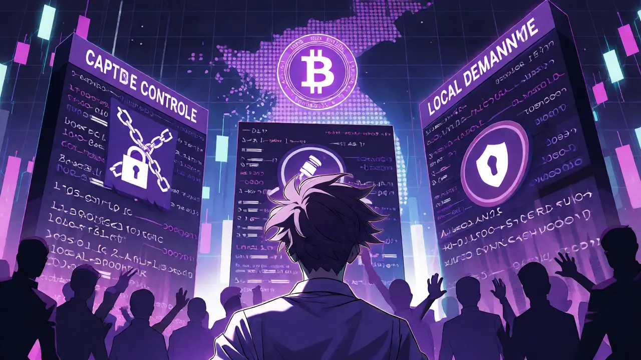 Trader anime enfrentándose a muros de regulación y controles de capital en Corea.