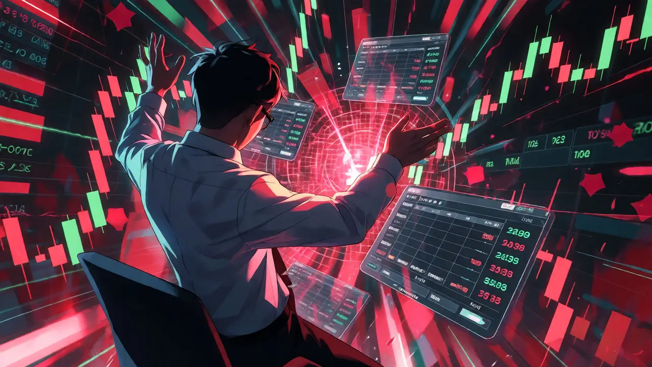 Trader anime manipulando gráficos y bots de trading dinámico